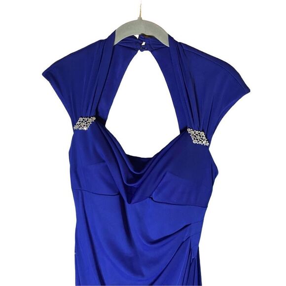 Xscape women’s royal blue side rauched chiffon, overlay gown, size 6  - Picture 4 of 10